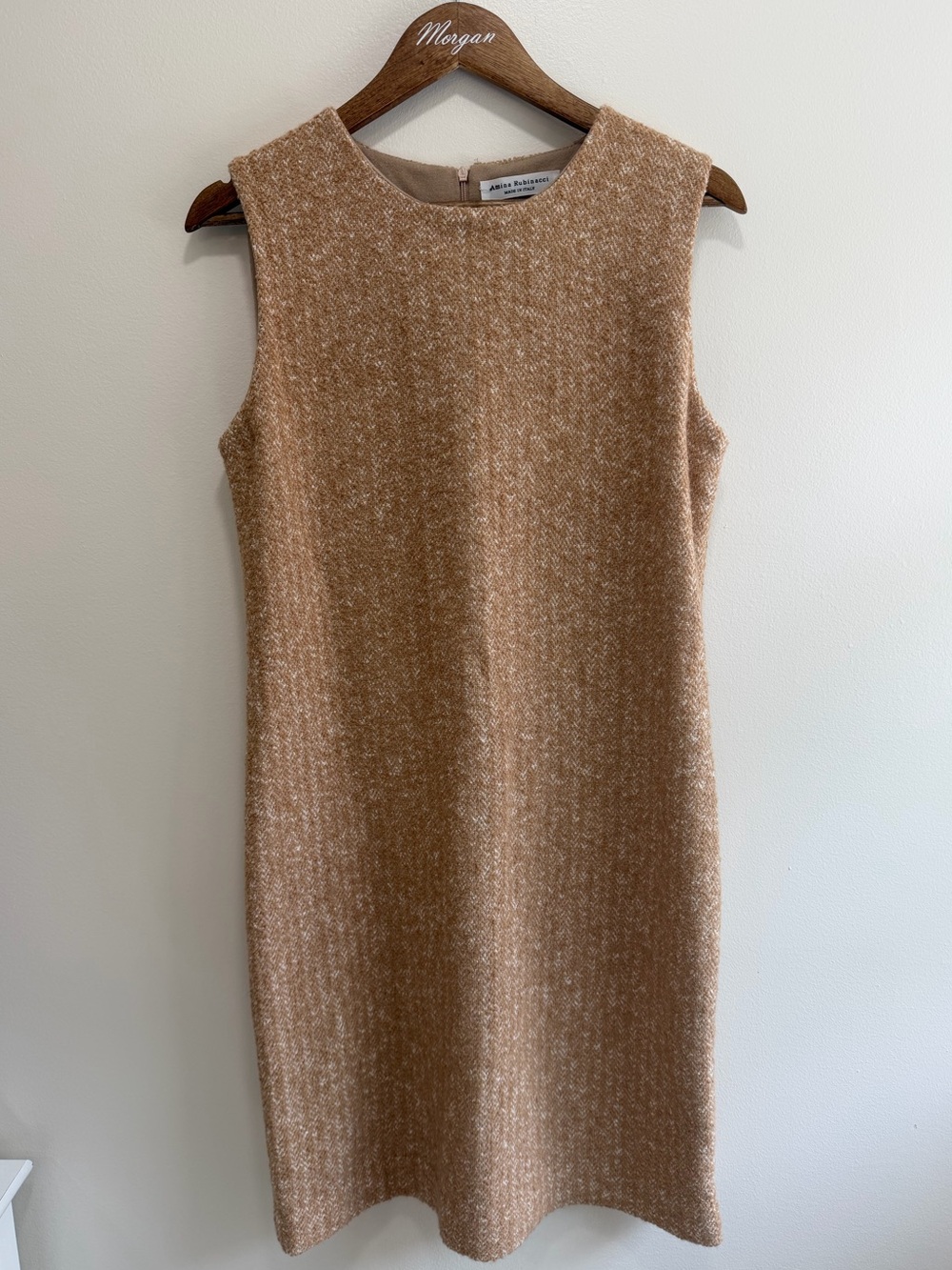 Amina Rubinacci Textured Beige Cashmere Wool Blend Sheath Dress 46 EU / 12 US